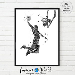 Basketball black and white slam dunk art  PRINTABLE  Basketball Art, Boy Basketball print, male  Basketball watercolor Basketball Dorm Art