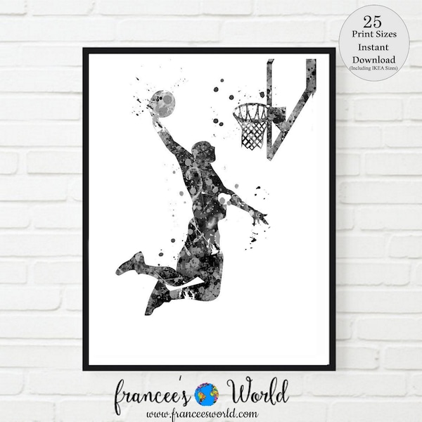 Basketball black and white slam dunk art  PRINTABLE  Basketball Art, Boy Basketball print, male  Basketball watercolor Basketball Wall Art