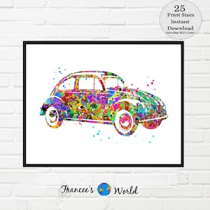 May include: A colorful watercolor painting of a vintage Volkswagen Beetle. The car is outlined in black and filled with splashes of bright colors, including red, yellow, blue, green, and purple.