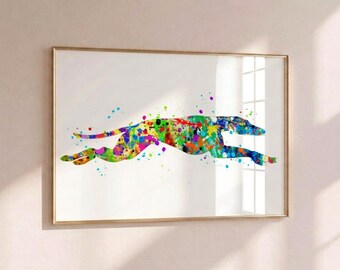 May include: A framed wall art print featuring a stylized, running greyhound silhouette composed of vibrant, multi-colored paint splatters in shades of blue, green, yellow, red, and purple against a clean, solid white background.