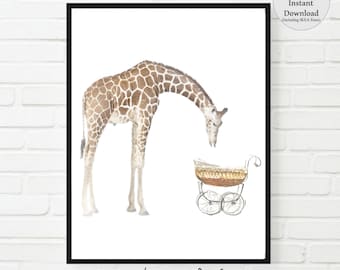 Watercolor Giraffe Nursery Print: Baby & Buggy (Digital Download)