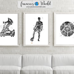 Soccer ball, Soccer shoes, soccer player print set of 3, black and white Soccer printable art, Sport art, teen girl room, soccer player gift