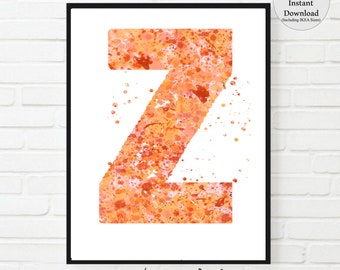 Letter z Wall Decor, orange Letter Art, Letter z Print, PRINTABLE, Letter z Watercolor, Letter z Nursery, Letter z Monogram,Letter z Initial