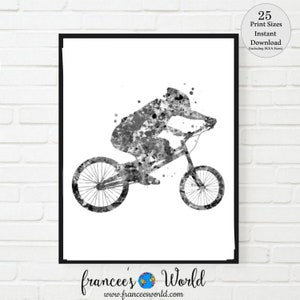May include: Black and white watercolor painting of a person riding a mountain bike. The person is wearing a helmet and the bike has a black frame and white wheels.