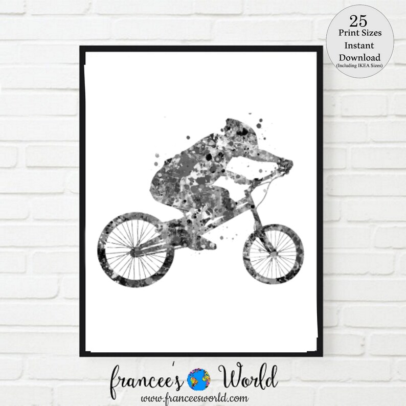 May include: Black and white watercolor painting of a person riding a mountain bike. The person is wearing a helmet and the bike has a black frame and white wheels.