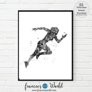 May include: Black and white watercolor painting of a runner in mid-stride. The painting is done in a splatter style, with the runner's form outlined in black and the background filled with white.
