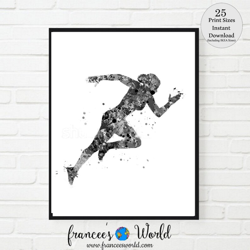 May include: Black and white watercolor painting of a runner in mid-stride. The painting is done in a splatter style, with the runner's form outlined in black and the background filled with white.