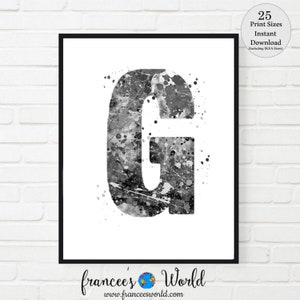 Letter G Dorm Decor, Letter Art, Black and White, Letter G Print, PRINTABLE, Letter G Watercolor, G Nursery, G Monogram, Letter G ,Initial G
