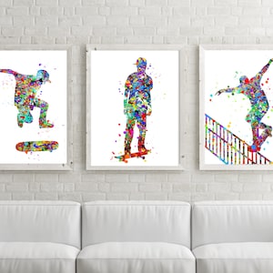 Skateboard Art, Boy skateboard Poster, Set of 3 skateboard Watercolor, Skateboard decor, PRINTABLE, boy room art, skate board, skate poster