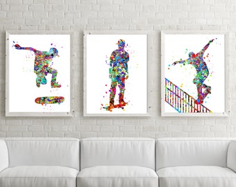 Skateboard Art, Boy skateboard Poster, Set of 3 skateboard Watercolor, Skateboard decor, PRINTABLE, boy room art, skate board, skate poster