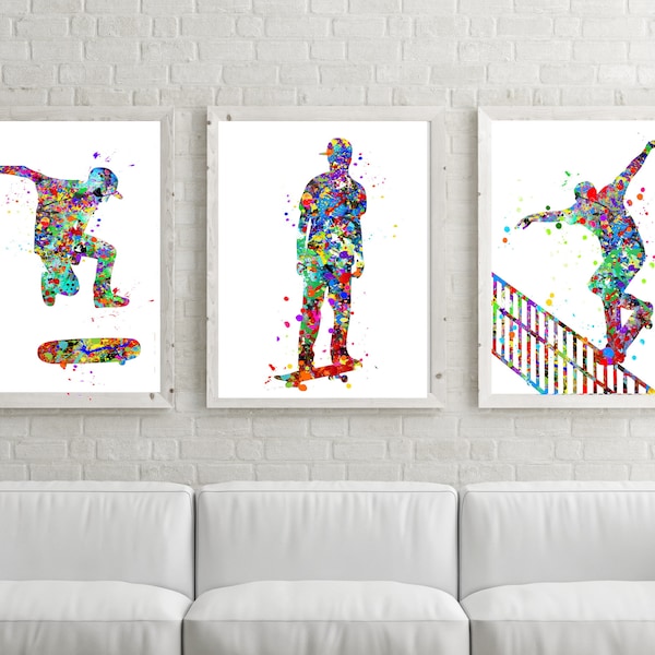 Skateboard Art, Boy skateboard Poster, Set van 3 skateboard Aquarel, Skateboard decor, AFDRUKBAAR, jongen kamer kunst, skate board, skate poster