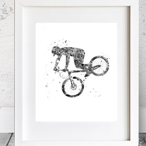 Trial Cyclist Print trial Bike Printable, black and white, Watercolor Art, Mountain Bike boy room art ,Sport Bike Stunt Racing, cyclist image 1