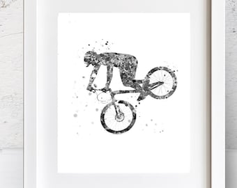 Trial Cyclist Print trial Bike Printable,  black and white,  Watercolor Art, Mountain Bike boy room art ,Sport Bike Stunt Racing, cyclist