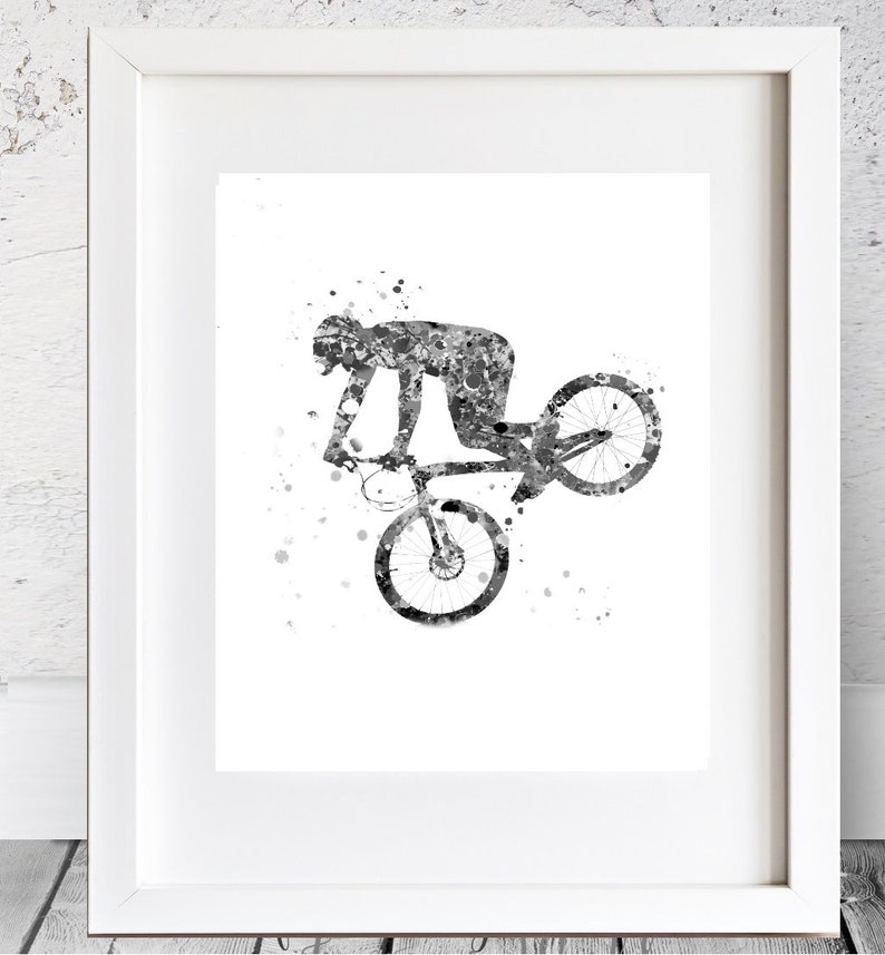 Trial Cyclist Print trial Bike Printable, black and white, Watercolor Art, Mountain Bike boy room art ,Sport Bike Stunt Racing, cyclist image 1