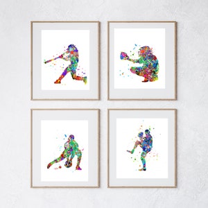Baseball PRINTABLE Watercolor Baseball set of 4  boy room decor, Baseball Pitcher, Baseball Decor, Baseball catcher boy room artDorm art