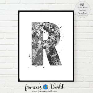 Letter R Decor, Black and White Letter R Print, Letter R art, PRINTABLE, Letter R Watercolor, R Nursery,  R Monogram, Letter R, Initial R