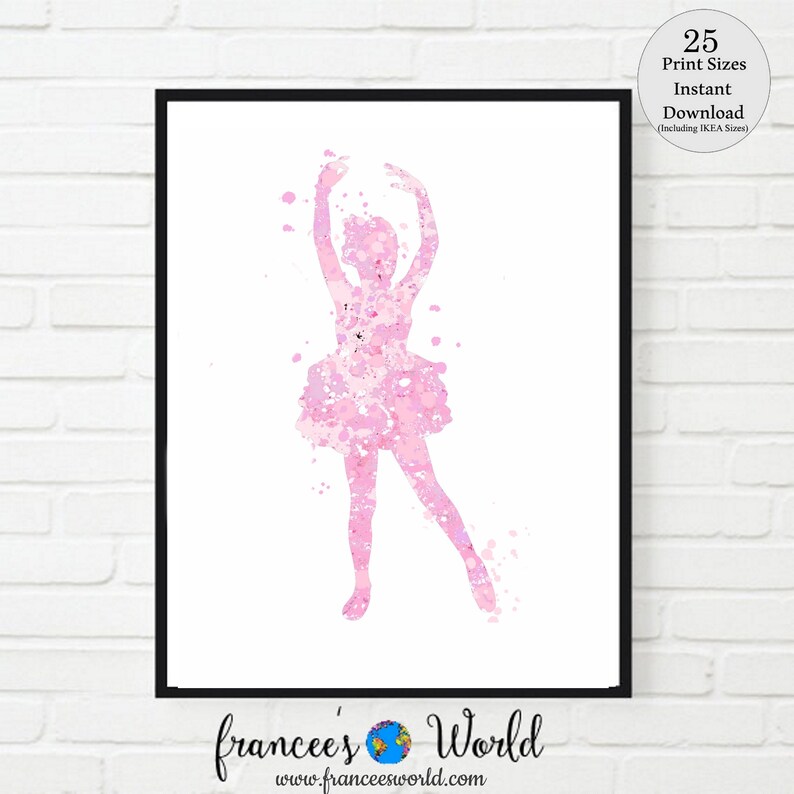 May include: Pink watercolor silhouette of a ballerina in a tutu, with a white background. The image is titled "frances' World" with the website address below.