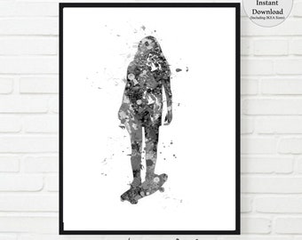 Skateboard Girl Print, Black and White Teen Room Art (Digital Download)