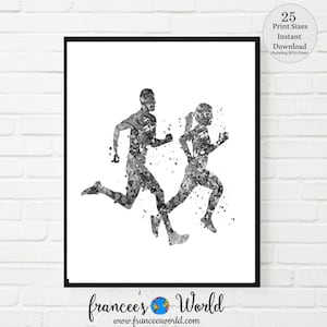 Couple Running black and white, gym art, home gym, exercise room print, man and woman runner Dorm art, runner gift, printable art, running