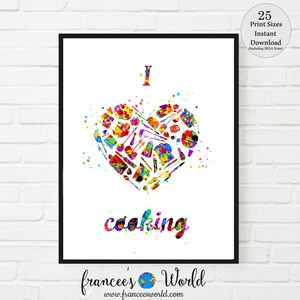 I love cooking print instant download kitchen art chef gift kitchen Dorm art cooking utensils food kitchen decor  watercolor new house gift