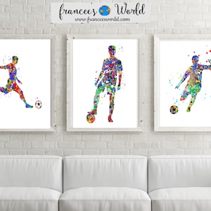 Impresión de fútbol para niños, juego de fútbol de 3, acuarela de fútbol, arte imprimible, niño futbolista, habitación de niño adolescente, jugador de fútbol, balón de fútbol, póster de fútbol