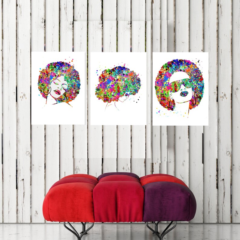 May include: Three colorful watercolor paintings of women with afro hairstyles. Each painting features a different expression and style. The first painting shows a woman with her eyes closed, the second painting shows a woman looking to the side, and the third painting shows a woman wearing sunglasses.