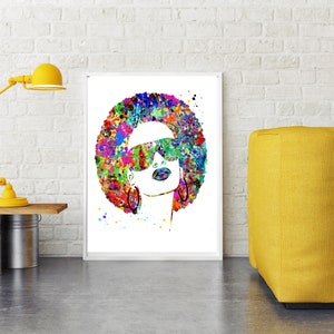 May include: A colorful watercolor painting of a woman with an afro hairstyle wearing sunglasses and large hoop earrings. The background is white with colorful paint splatters.