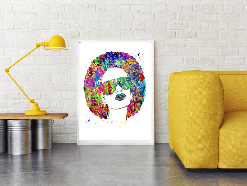 May include: A colorful watercolor painting of a woman with an afro hairstyle wearing sunglasses and large hoop earrings. The background is white with colorful paint splatters.