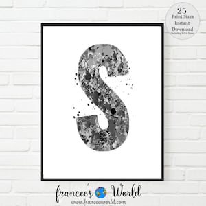 Letter S, Letter S Dorm Decor, Letter S Print, black and white, PRINTABLE,  S Watercolor, Letter SNursery, Letter S Monogram ,Initial S
