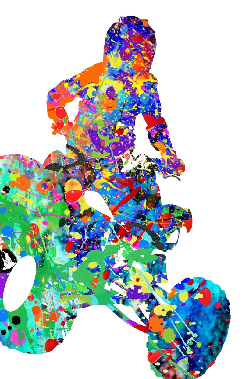 May include: A colorful abstract silhouette of a person riding an ATV. The image is made up of splashes of paint in various colors, including red, blue, green, yellow, and purple.