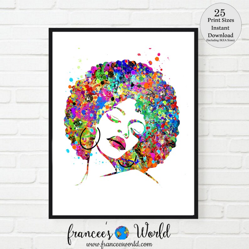 May include: A colorful watercolor painting of a woman with an afro hairstyle. The woman's eyes are closed and she is smiling. The background is white with splashes of color.
