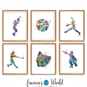 Softball PRINTS, Set of 6 Softball,PRINTABLE softball prints, softball posters, softball gift idea Art, Softball Art, Softball Dorm Decor