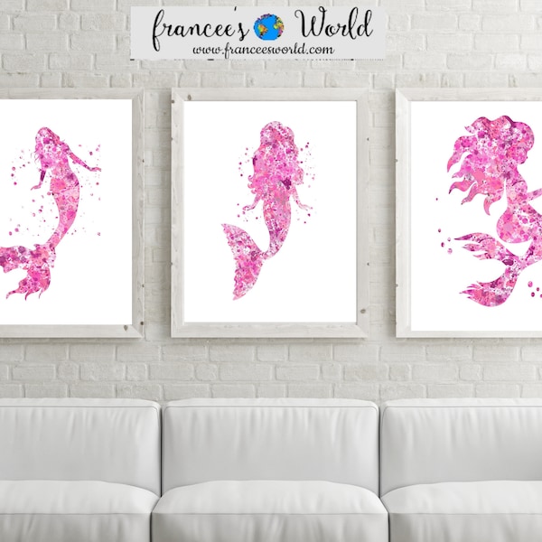 Pink Mermaid Print,Pink mermaid Wall Art, mermaid Printable, mermaid party,Pink girls room art, set of 3 Pink Mermaid poster, mermaid decor