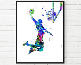 Basketball Player Print, Basketball Art, Boy Basketball print, male  Basketball , Watercolor, Basketball Dorm Art, Printable, Slam dunk