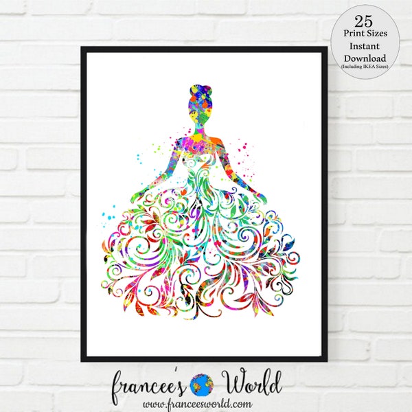 Wedding Dress print, woman in dress,  dress art, watercolor wedding dress, beautiful dress art, PRINTABLE, sewing room art, colorful dress