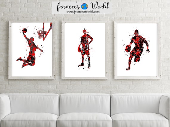 Basket-ball imprimé rouge et noir Art, affiche de basket-ball garçon,  ensemble de 3 aquarelle de basket-ball, art mural de basket-ball, décor de  chambre de garçon imprimable -  France
