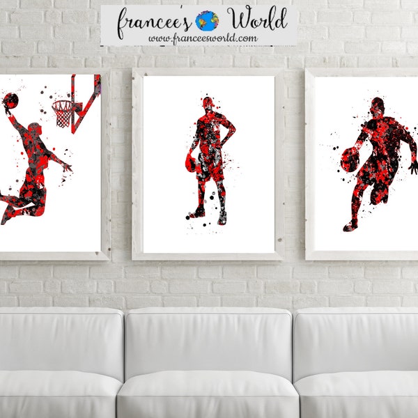 Basket-ball imprimé rouge et noir Art, affiche de basket-ball garçon, ensemble de 3 aquarelle de basket-ball, art mural de basket-ball, décor de chambre de garçon imprimable