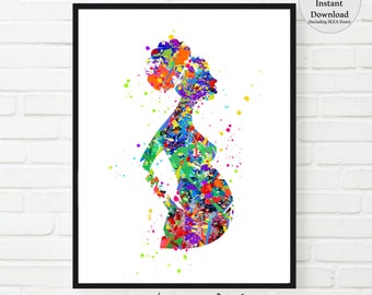 Pregnant Woman African American Mother and Baby Printable Pregnancy Watercolor OB/GYN office Baby Shower New Mother maternity nursery