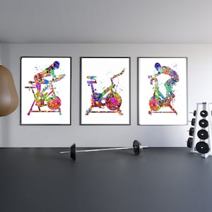 Exercise Bike  print stationary bike INSTANT DOWNLOAD set of 3 work out art gym art printable art Indoor bike man woman  bike home gym art