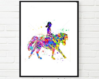 May include: A colourful abstract watercolour painting of a person riding a horse. The painting is done in a variety of bright colours, including pink, blue, green, yellow, and orange. The horse and rider are silhouetted against a white background.