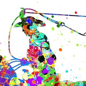 May include: A vibrant watercolour painting depicting a cowboy roping. The artwork shows a cowboy in a hat, with a lasso, rendered in a mix of colours including green, purple, red, and blue, against a white background.