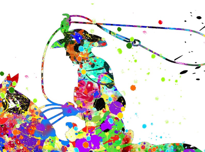 May include: A vibrant watercolour painting depicting a cowboy roping. The artwork shows a cowboy in a hat, with a lasso, rendered in a mix of colours including green, purple, red, and blue, against a white background.
