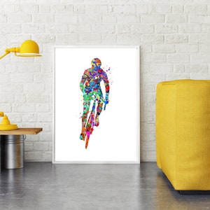 May include: A colorful watercolor painting of a cyclist riding a bicycle. The cyclist is in silhouette and the background is filled with splashes of color.