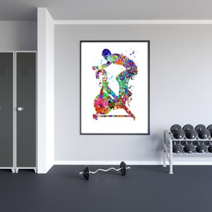 Peut inclure: Une peinture aquarelle color&eacute;e d'une personne faisant du v&eacute;lo d'appartement. La peinture est sur fond blanc et pr&eacute;sente des &eacute;claboussures de couleur dans les tons de bleu, vert, jaune, orange, rouge et violet.