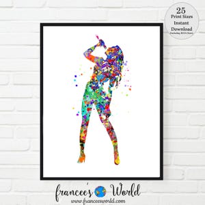 Singer with Microphone print, female singer, singer gift, woman singer with microphone, PRINTABLE, Dorm art, watercolor sing music room art