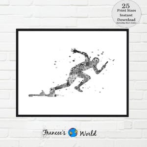 May include: Black and white watercolor painting of a runner in a starting position. The runner is silhouetted against a white background with gray watercolor splatters.