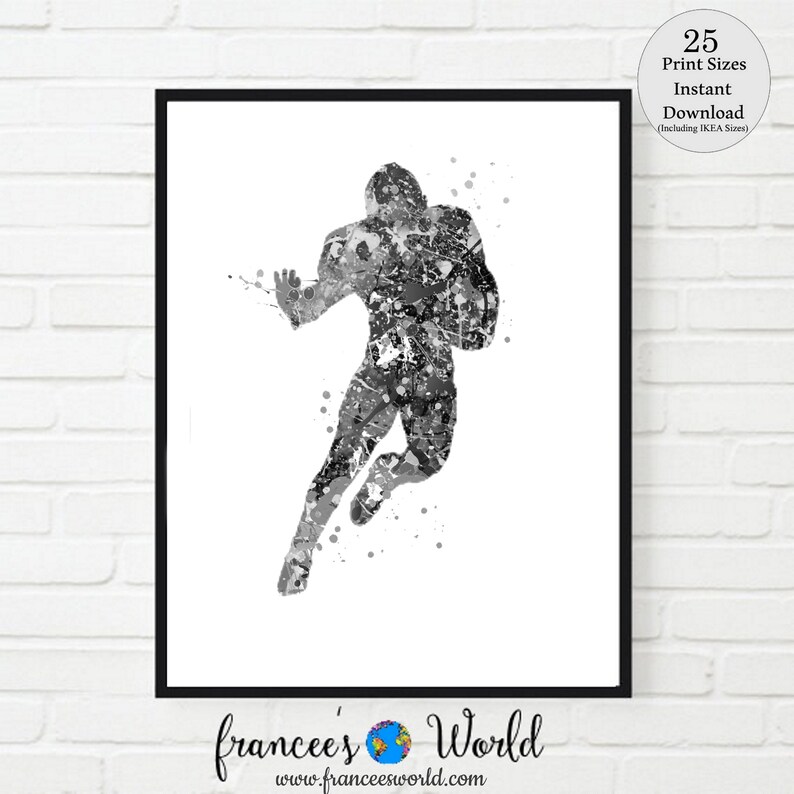 May include: Black and white watercolor painting of an American football player in mid-air, catching the ball. The player is depicted in a dynamic pose, with splashes of paint creating a textured effect.