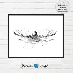 Swimmer Gift, butterfly stroke, Swimming Watercolor, black and white, Swimmer gift Swimming Printable, teen room, Swimmer Decor, boy swimmer