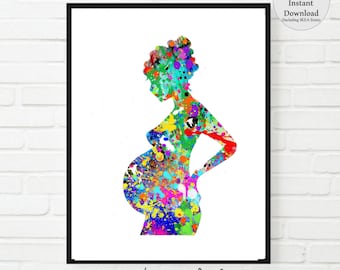 Pregnant Woman Printable, Pregnancy, Pregnancy Watercolor Print, Pregnant Gift, OB/GYN,Baby Shower Gift, New Mother, maternity art belly