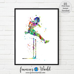 May include: A colorful watercolor painting of a person jumping over a hurdle. The painting is done in a variety of colors, including red, orange, yellow, green, blue, and purple. The person is in mid-air, and the hurdle is in the foreground. The background is white.